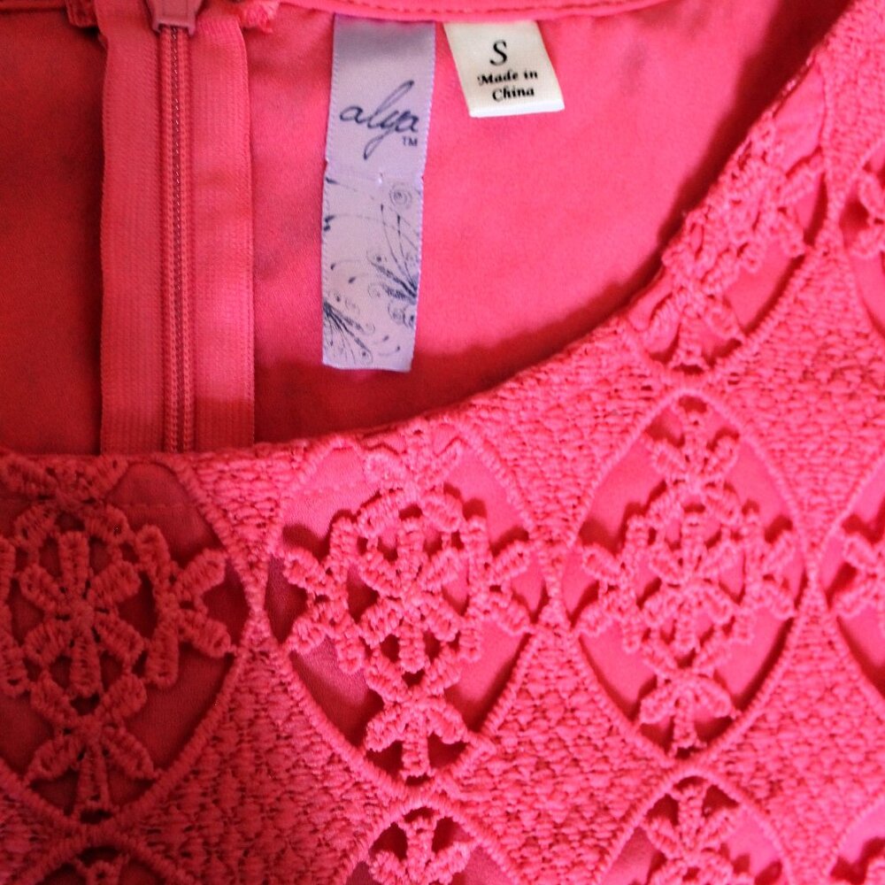 ALYA Salmon Pink Lace Overlay Dress, Small - Picture 7 of 9